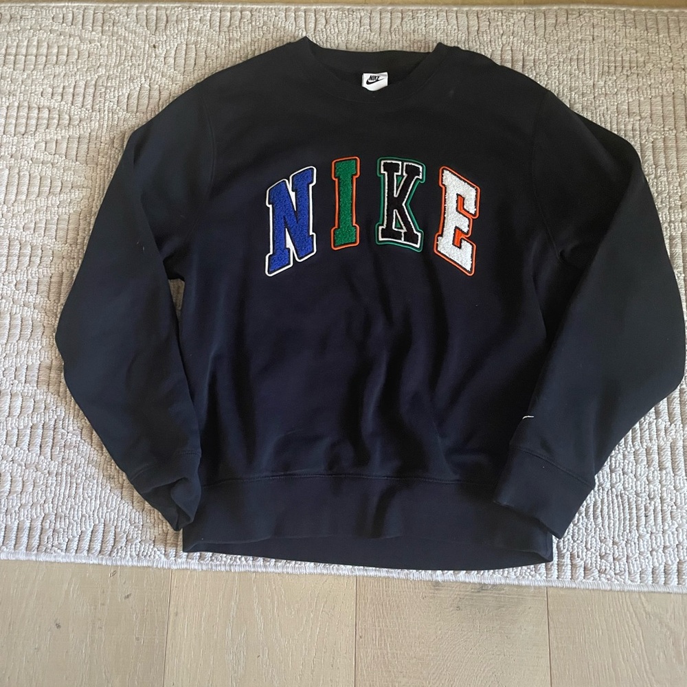 Nike Men's Black Crewneck Sweater with Multicolor Logo
